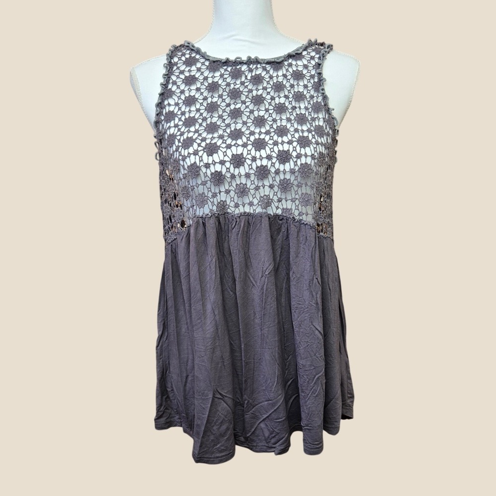 RCT3 Womens‎ Gray Floral Crochet Lace Mixed Media Babydoll Tank Top RCT3 Size M